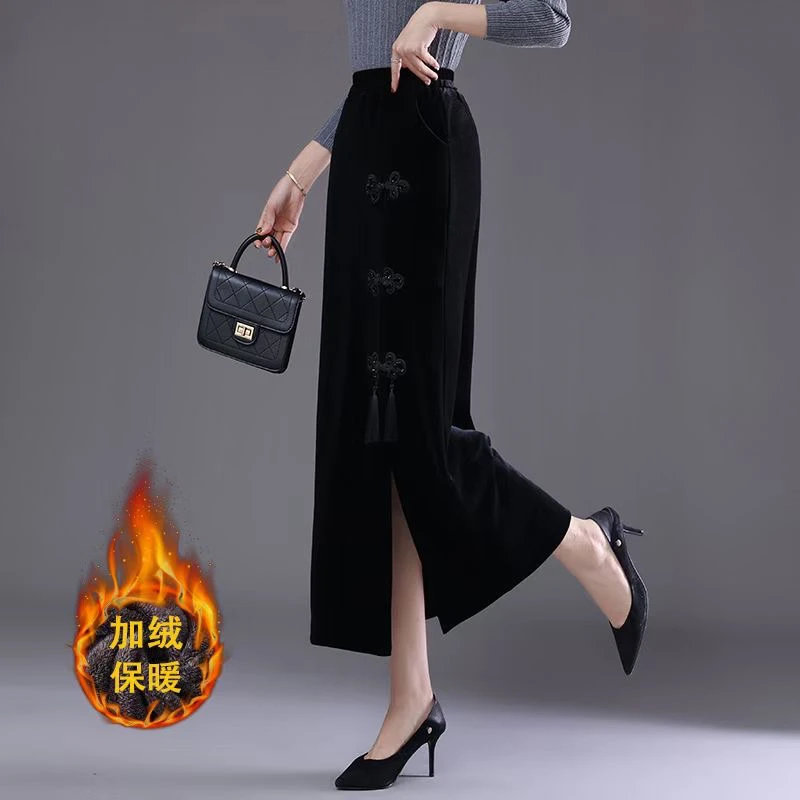 加绒加厚复古盘扣侧开衩松紧腰半身裙秋冬新款女式裙子