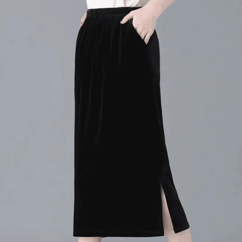 松紧腰金丝绒大码半身裙