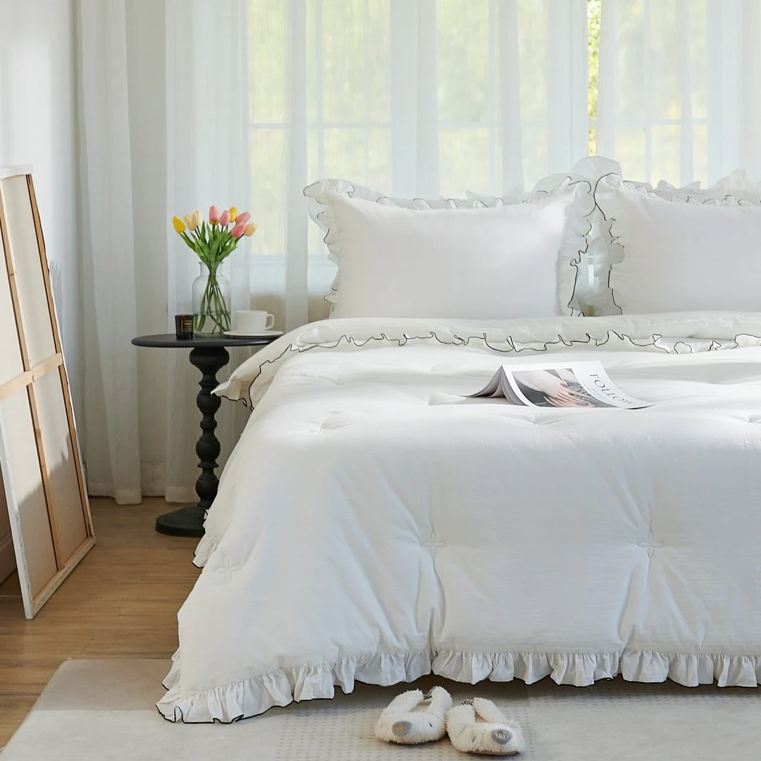 [韩国出口高品质]四季常用桃子磨毛公主花边被子枕套垫子套装