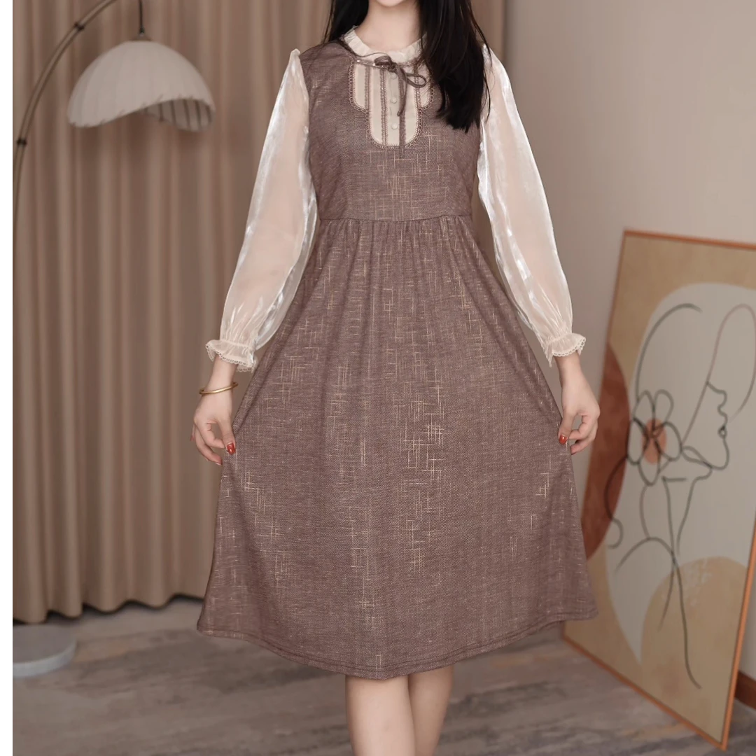 休闲时尚假俩件连衣裙女2024年新款圆领秋季韩版减龄中长款a字裙