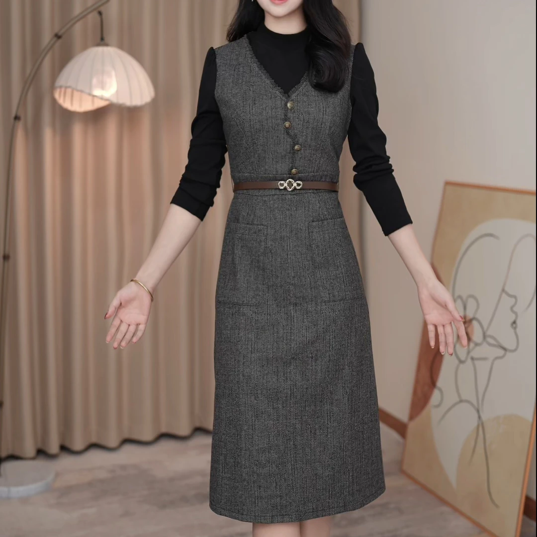 高端气质收腰连衣裙女2024秋装新款时尚洋气假两件显瘦裙子