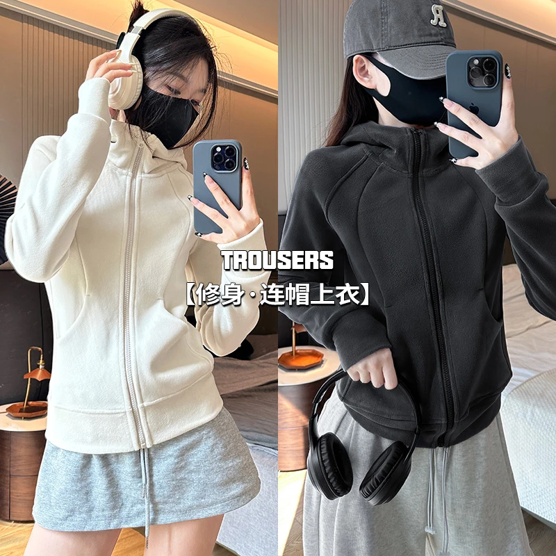 炭灰色羊羔绒外套女秋冬休闲运动修身上衣加绒加厚奥粒绒卫衣开衫