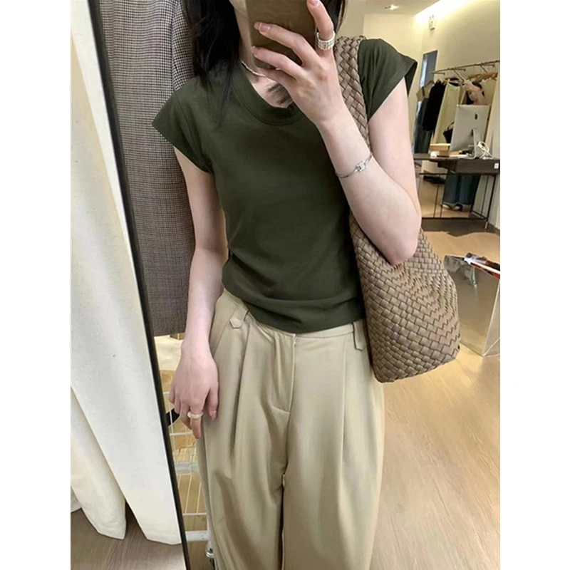 纯棉正肩短袖t恤女夏季2023新款设计感修身显瘦飞飞袖百搭上衣潮