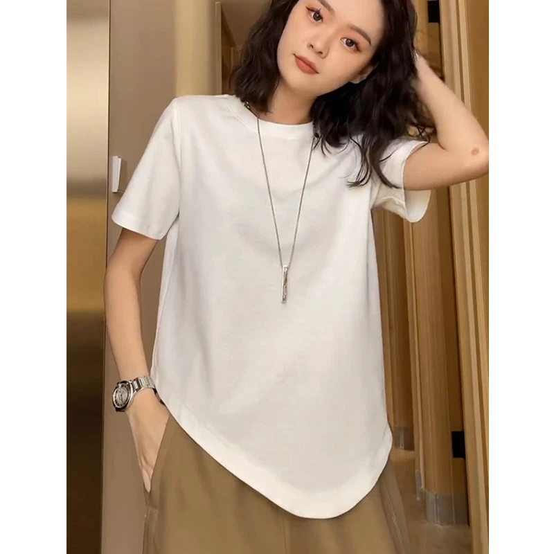 纯棉正肩短袖T恤女2023夏季新款刺绣不规则设计感遮肉百搭上衣潮