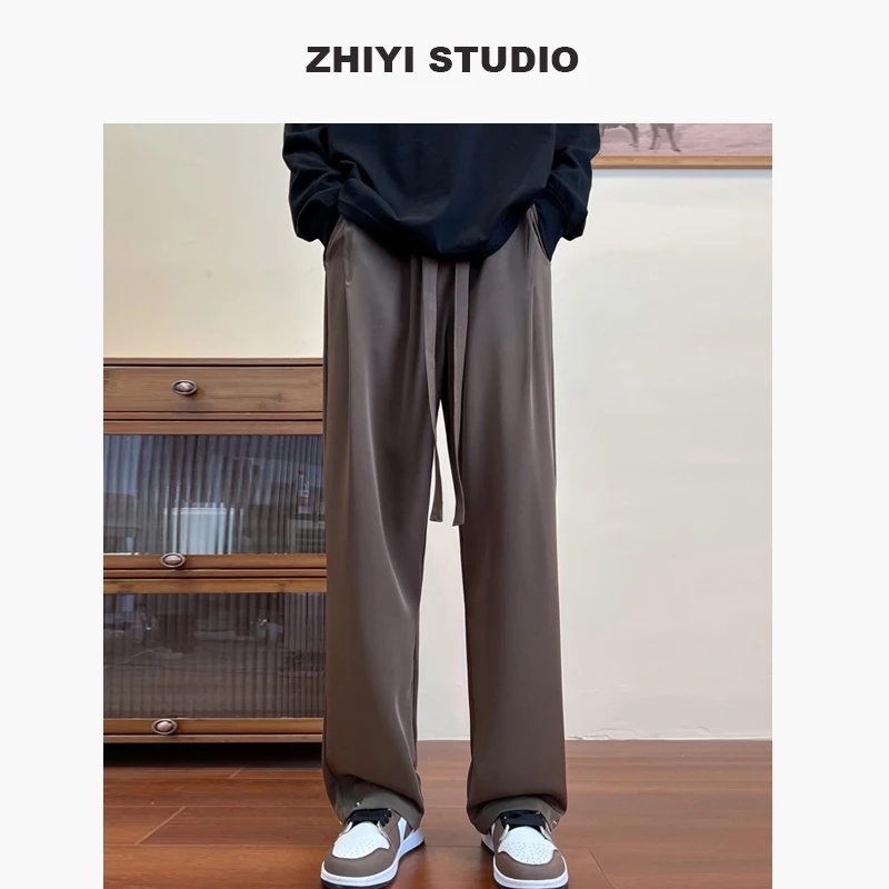 ZHIYI-春上新升级面料纯色带扣设计显瘦宽松直筒西裤男装大码