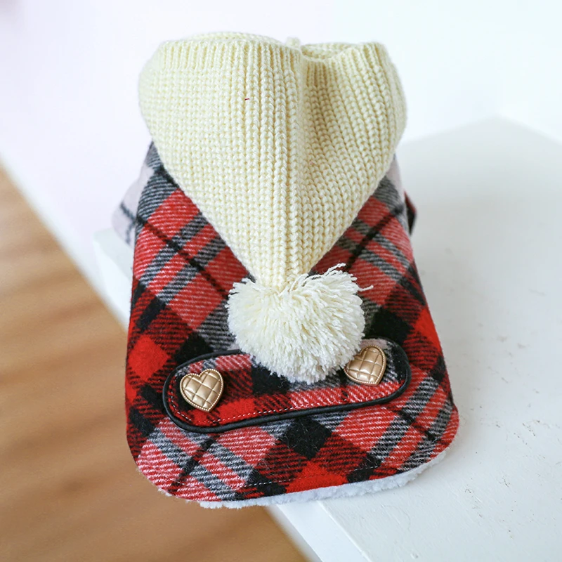 宠物格子风衣狗狗衣服泰迪比熊博美毛线帽红格棉衣加绒家后续保暖