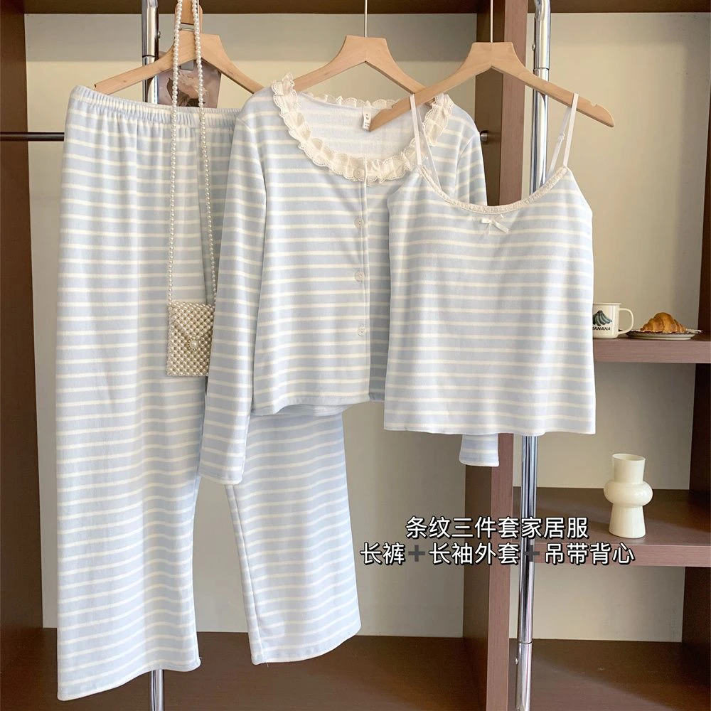 海岛绒睡衣女2024秋冬新款纯欲风长袖吊带条纹家居服三件套带胸垫