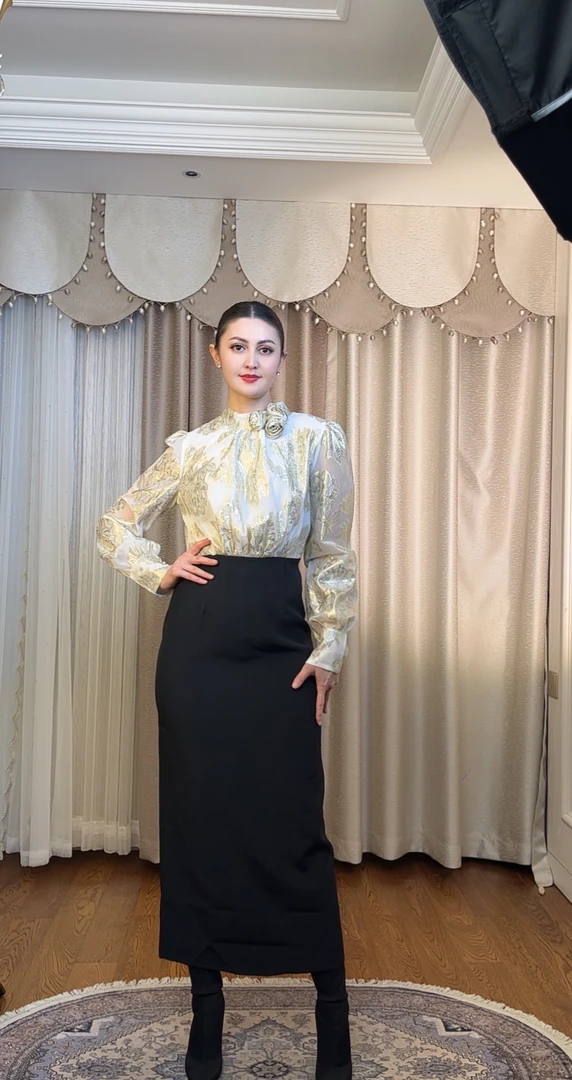 长款复古印花半高领长飘带蝴蝶结女长袖连衣裙时尚气质