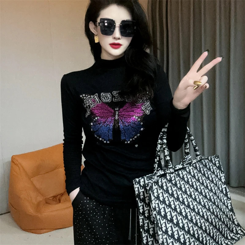 4500【磨毛保暖】彩色蝴蝶毛打底衫女装欧货重工烫钻长袖T恤上衣女