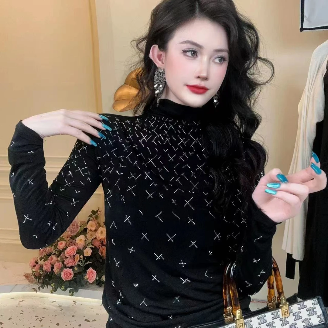 3315【磨毛保暖】十字心重工烫钻长袖上衣半高领洋气打底衫女