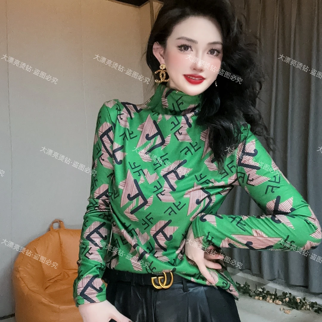 E40【磨毛保暖】绿灰高领领重工彩绘印花长袖百搭上衣洋气保暖女