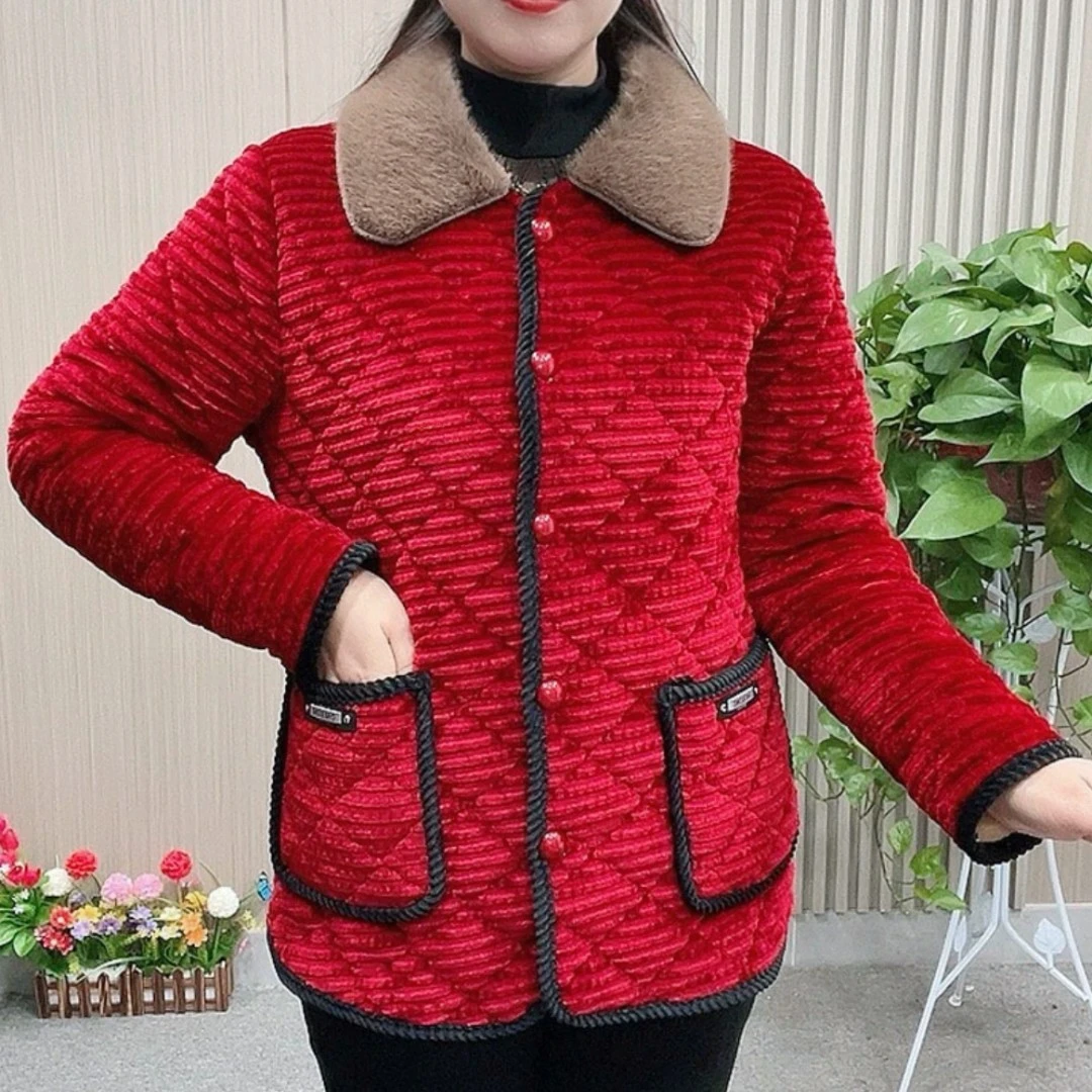 妈妈冬装加绒纯色棉衣时尚中老年女装棉服保暖外套加厚