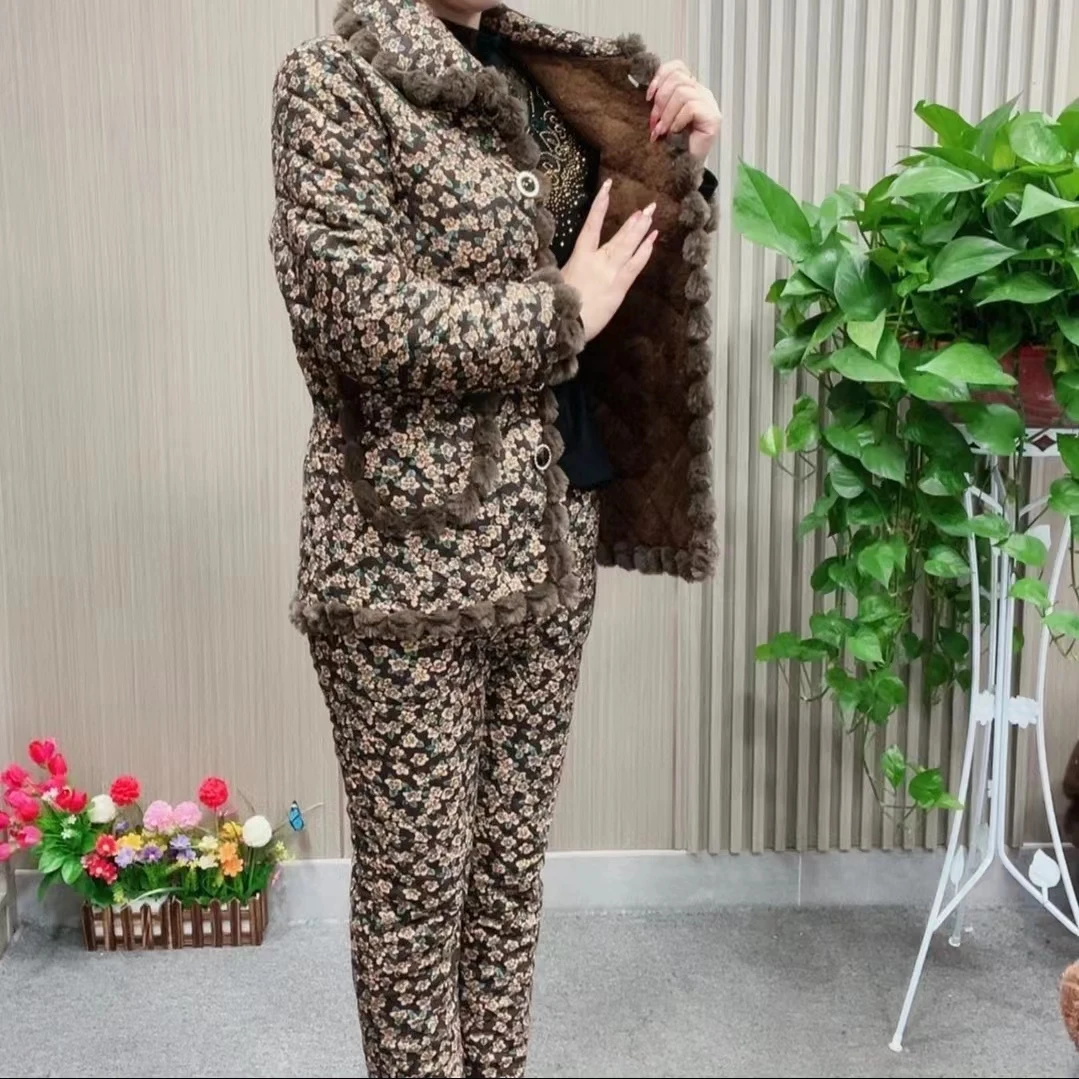 冬季新款妈妈装加厚棉衣棉裤套装中老年女加绒保暖棉袄棉服两件套
