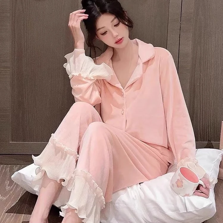 睡衣女法式甜美套装荷叶边喇叭袖宽松春秋冬长袖保暖家居服两件套