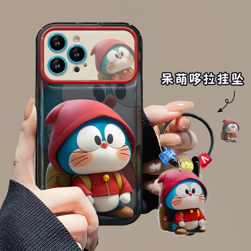 底纹哆啦翻盖镜子大视窗苹果15华为iPhone14promax女款可爱手机壳