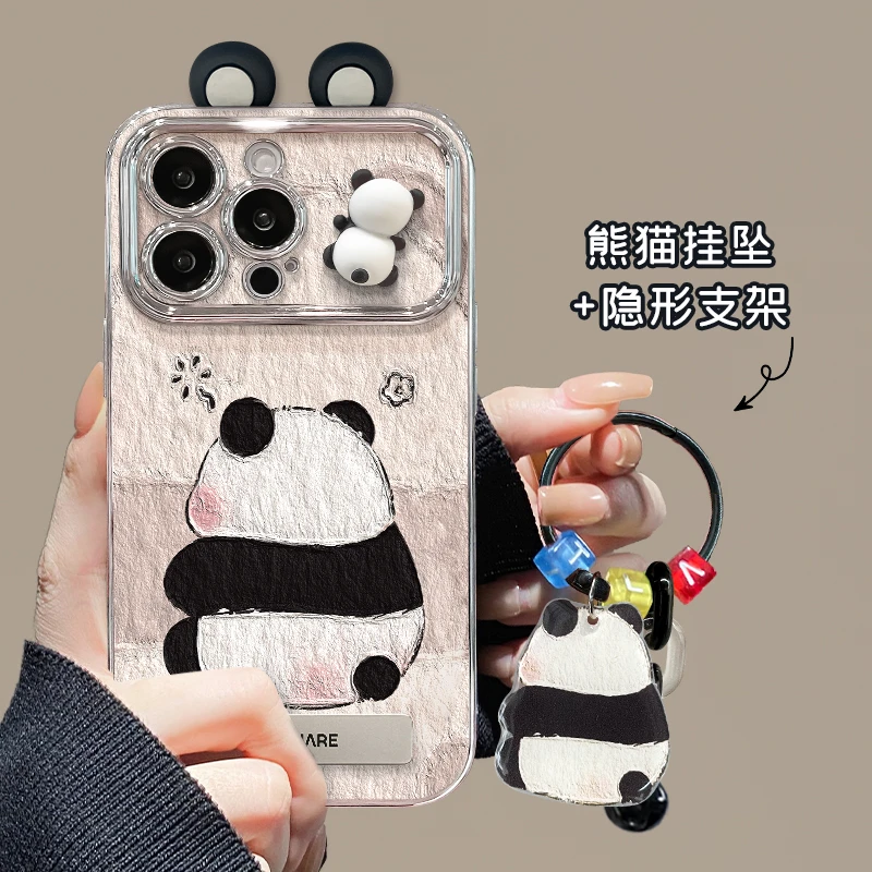 熊猫耳朵公仔适用苹果15/华为/vivo/oppo/小米电镀大视窗手机壳