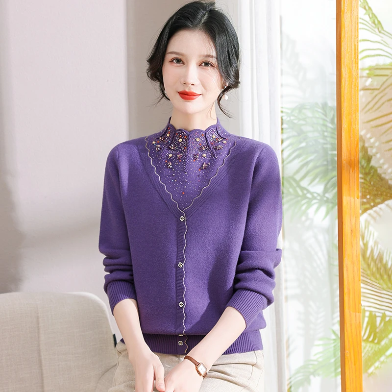 妈妈女装洋气秋冬新款时尚宽松打底衫长袖针织衫加绒加厚毛衣