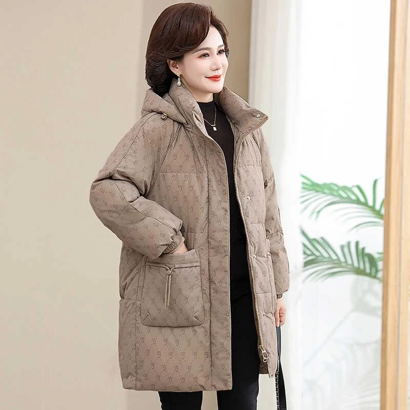 彩羊羽绒服女冬装新款中年妈妈时尚中长款加厚白鸭绒宽