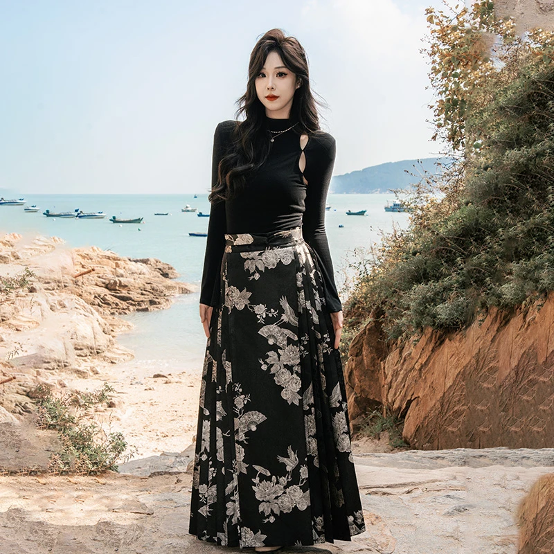 落九天原创【玫瑰的故事】黑色国风马面裙日常高腰新款裙子