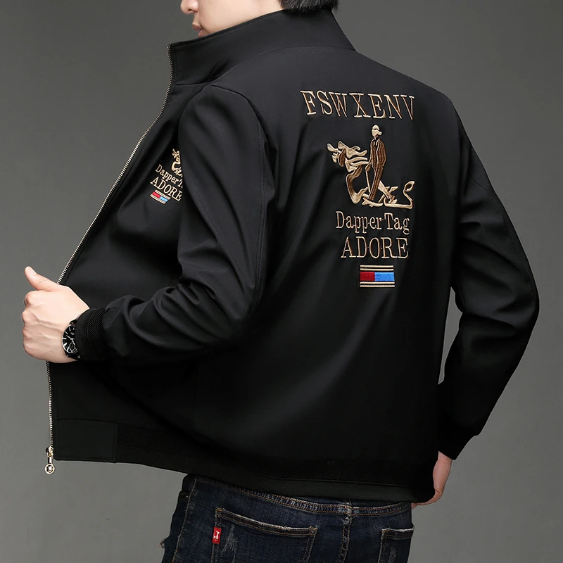 欧洲站新款时尚刺绣男士夹克潮流休闲百搭帅气修身立领男装外套