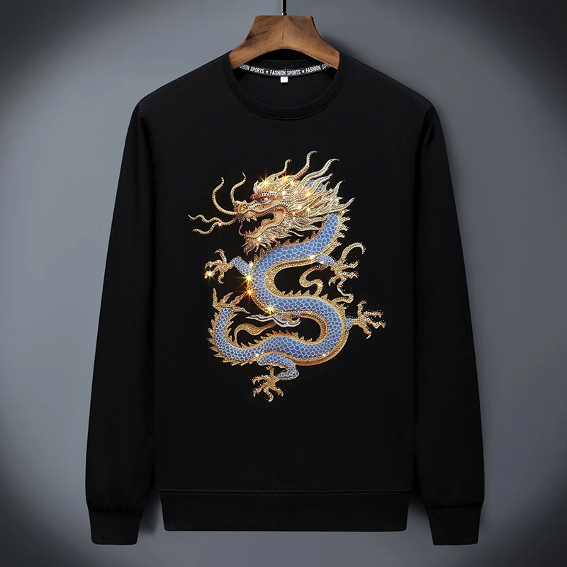 秋冬新款龙腾烫钻高端男士长袖卫衣时尚潮流大码休闲男装圆领上衣