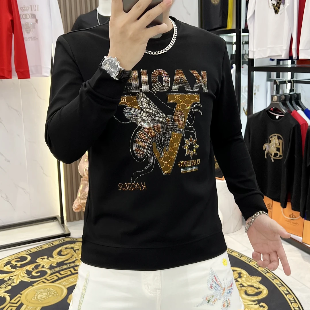 秋冬新款潮流时尚男士长袖卫衣重工烫钻休闲男装修身圆领上衣