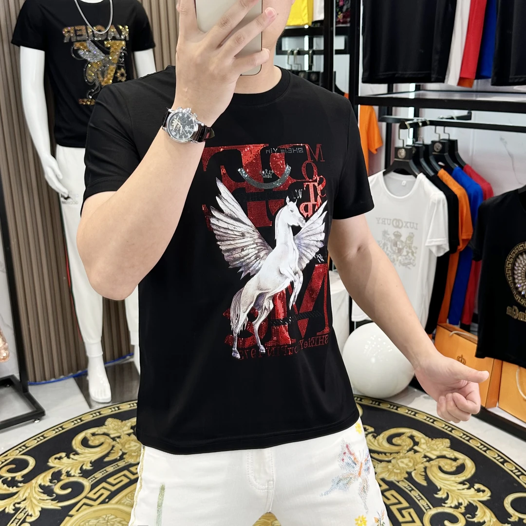 2025夏季新款男士短袖T恤镭射亮片飞马印花百搭个性修身半袖