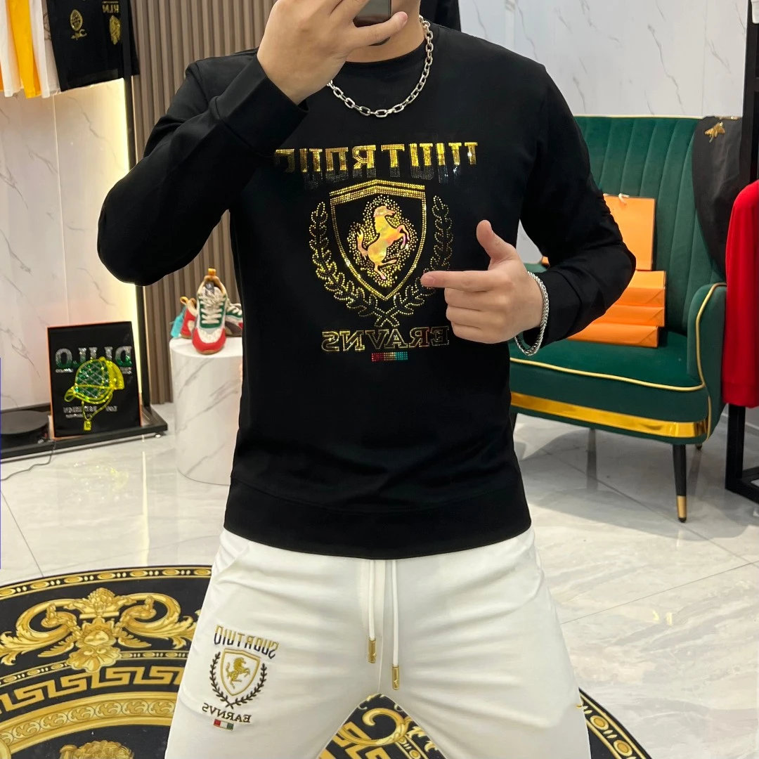 秋冬新款时尚轻奢战马图案男士卫衣休闲男装潮流修身圆领长袖百搭