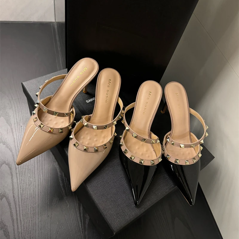 【6,8厘米】一字带铆钉包头拖鞋