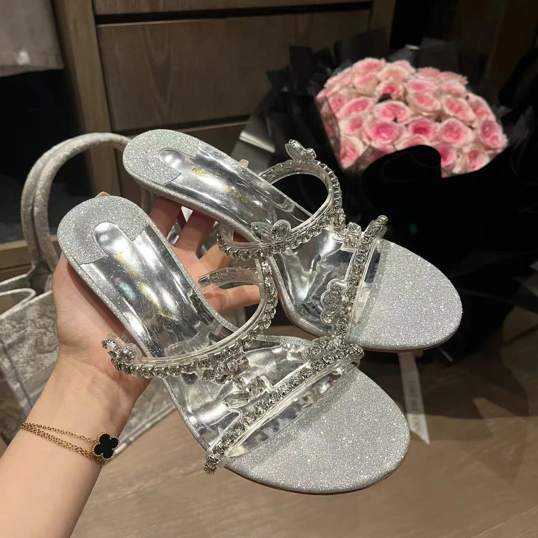 2025夏季新款水钻高跟凉鞋女细跟仙女风性感一字带凉拖银色水晶鞋