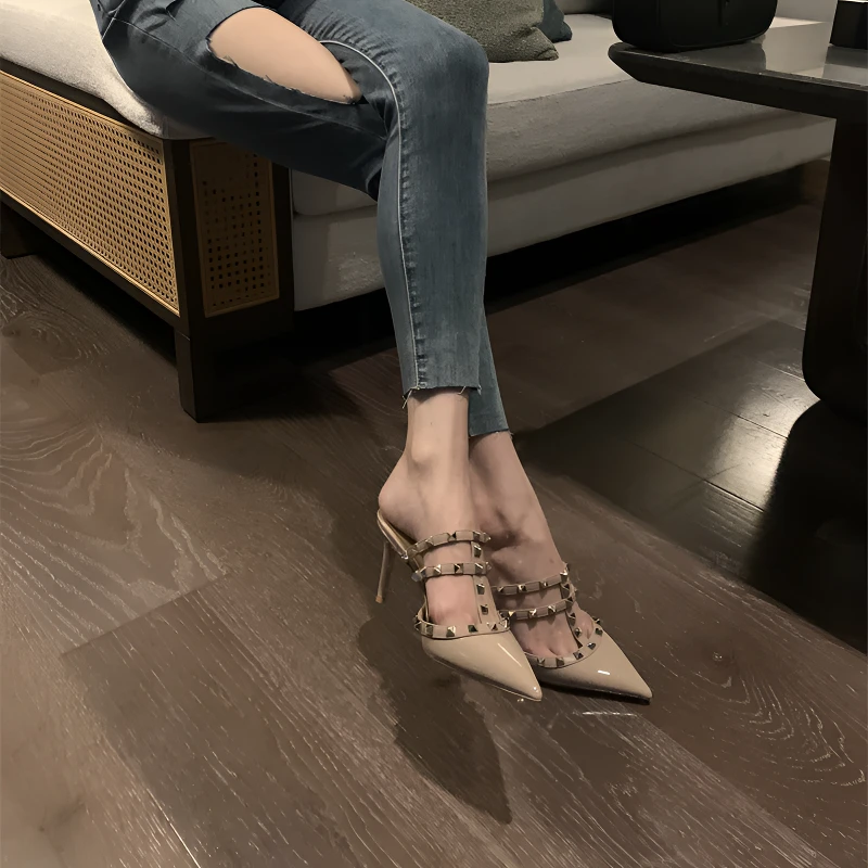 Mrs susie【【现货6,8厘米】】铆钉包头拖鞋