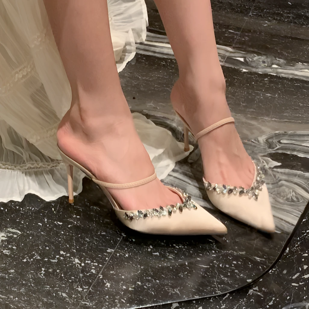 Mrs susie包头凉鞋高跟鞋女拖鞋夏外穿尖头细跟水钻单鞋2025新款