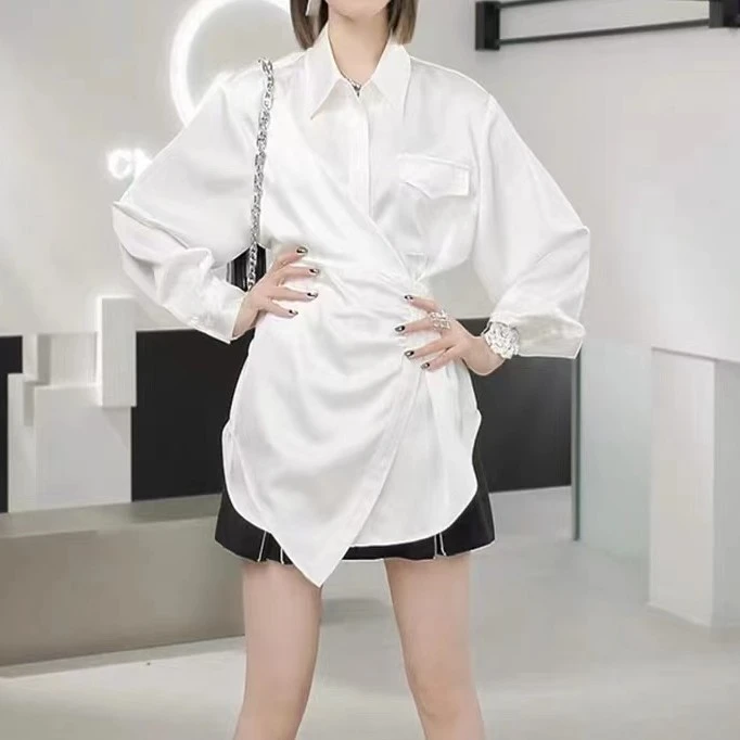 通勤小众减龄衬衫高级感polo领夏季长袖衬衣宽松百搭纯色小衫6022