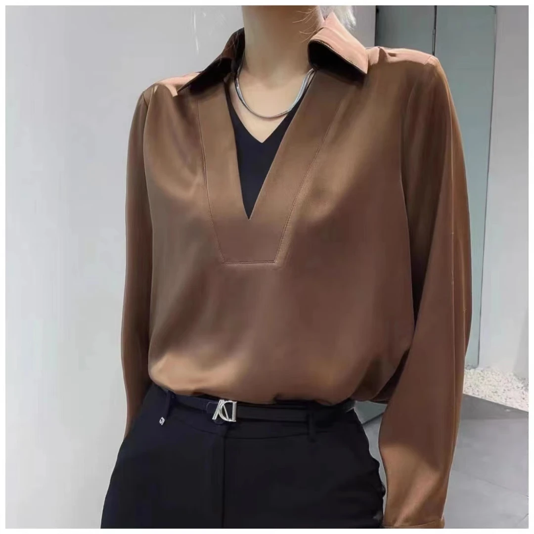 假两件秋衬衫女洋气时尚长袖春秋款欧货缎面垂感百搭气质上衣6675