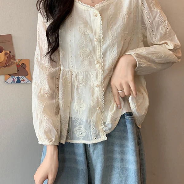 莫奈花园风大码女装气质方口领长袖开衫刺绣减龄遮肚显瘦百搭上衣