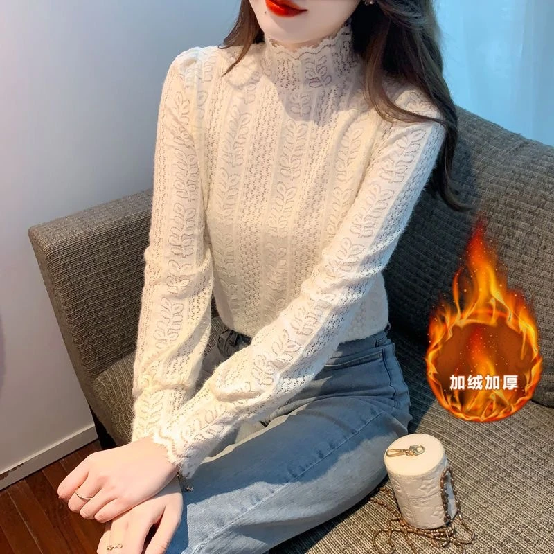 半高领长袖秋冬磨毛加绒保暖女装洋气小衫蕾丝打底衫女2025新款