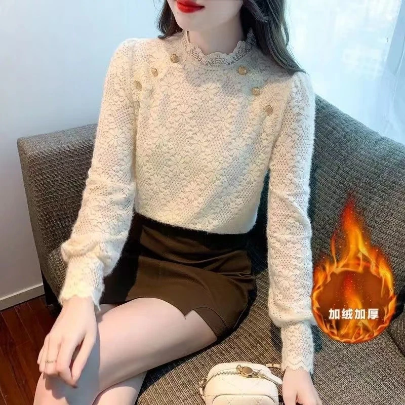 韩版花边立领蕾丝打底衫女秋冬新款加绒加厚洋气长袖保暖内搭小衫