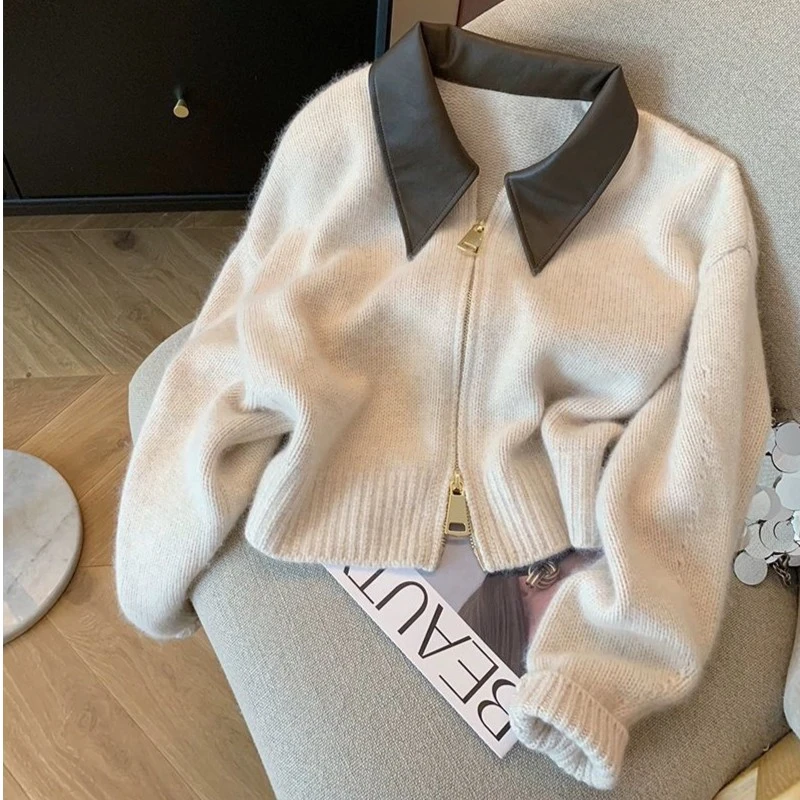 高级感小众黑色拼皮领拉链针织外套女秋时尚宽松气质短款毛衣开衫