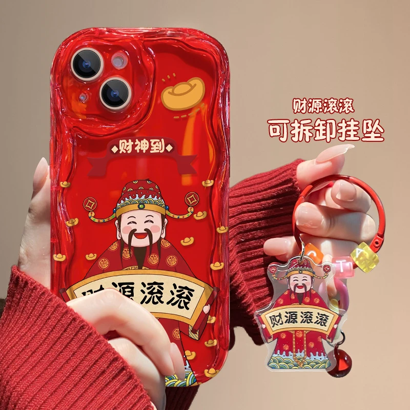 适用苹果14promax手机壳新年iPhone14/12财神爷挂坠透明硅手机壳