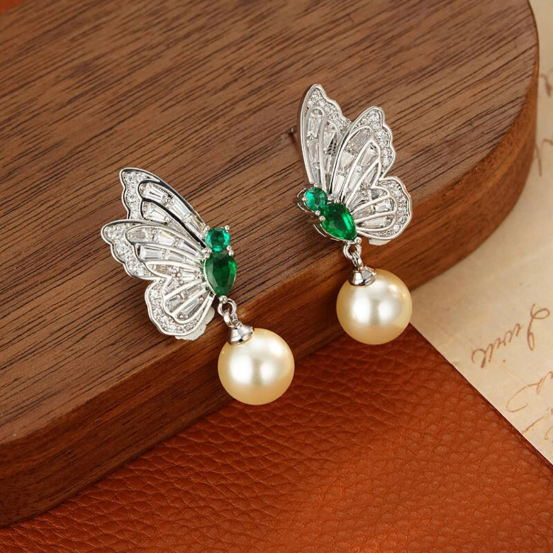 铜合金合成锆石耳饰 5848【星光蝶舞】高级感比翼对称蝴蝶吊坠耳环