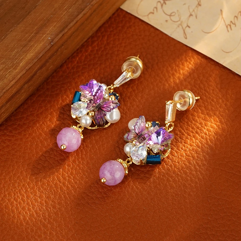 铜合金合成锆石耳饰 5688 【蝶舞花间】紫色蝴蝶吊坠时尚气质耳环