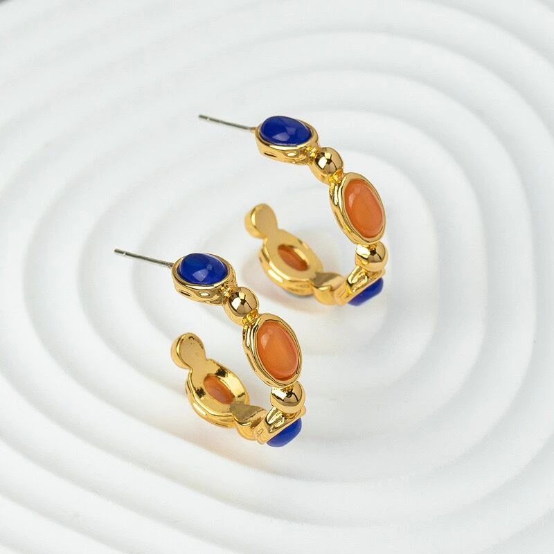 铜合金耳饰 法式复古风 多彩撞色欧美个性时尚创意C形耳圈【A-253】