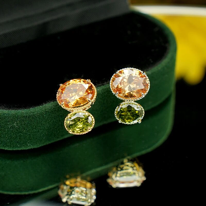 铜合金合成锆石耳饰 5978 法式宫廷几何拼色小众复古精致百搭耳钉