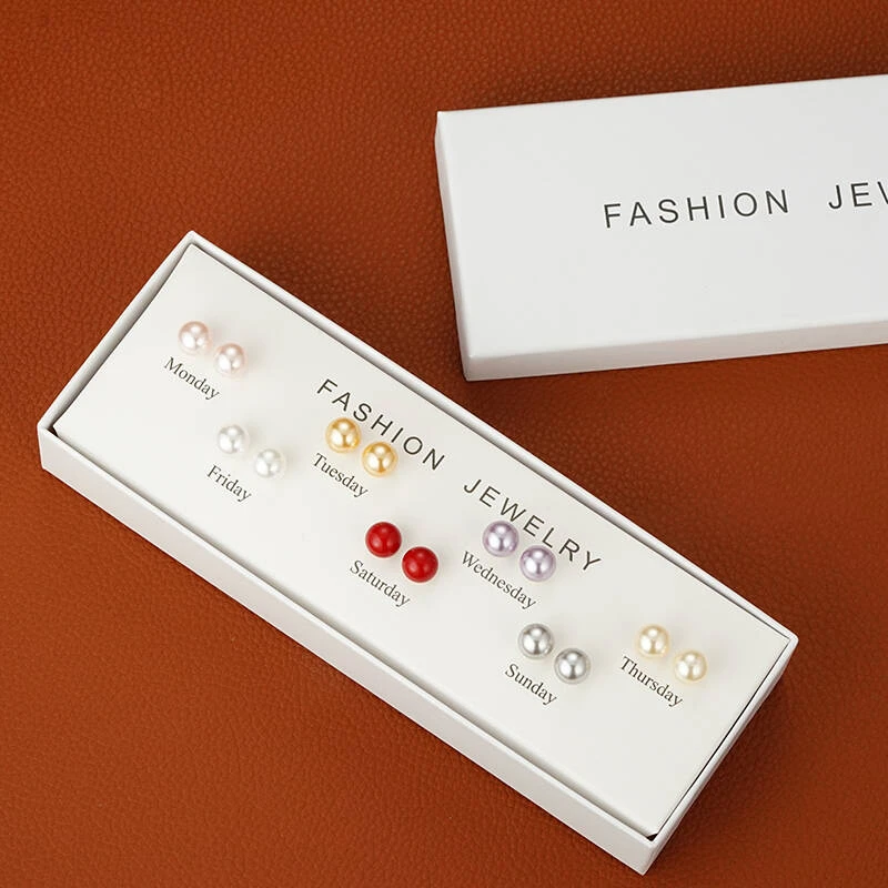 铜合金耳饰 5860  一周不重复 简约耳钉七件套珠珠耳环耳饰套盒