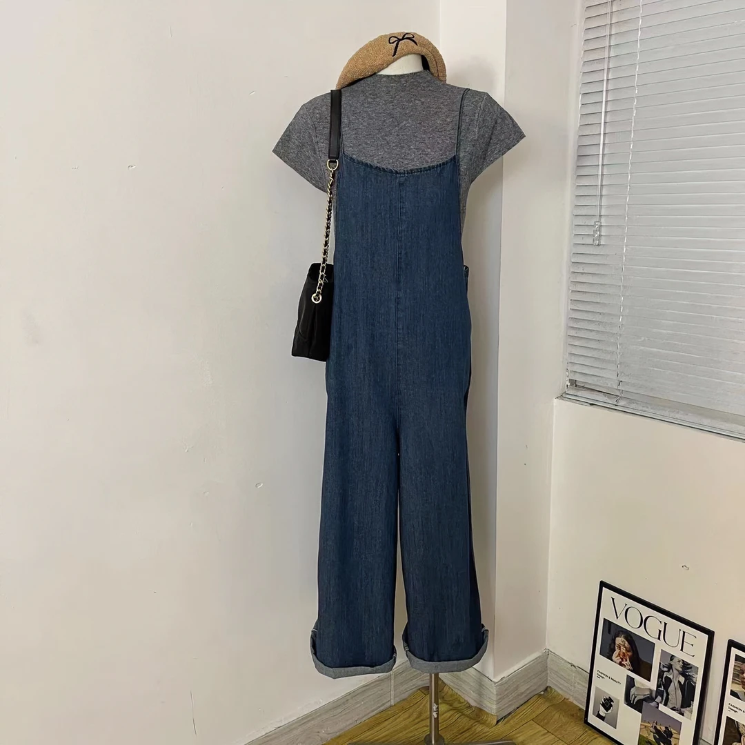 keke定制 韩国东大门薄款宽松软牛仔大阔腿时尚休闲百搭连体裤女