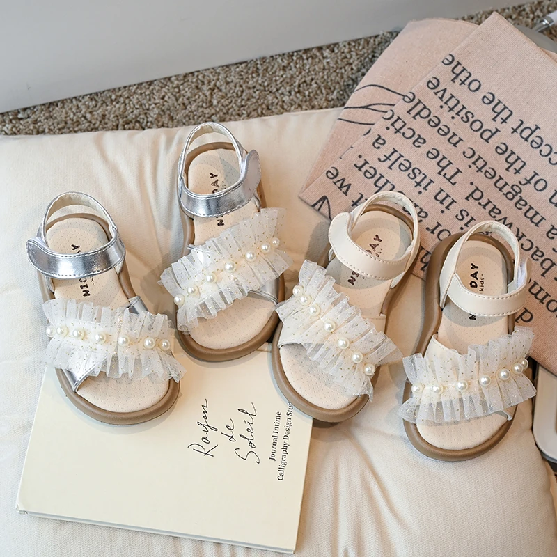 夏季新款韩版公主风夏日蕾丝清新珍珠凉鞋软底女童公主儿童鞋