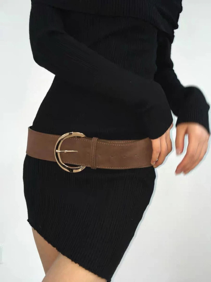 复古西部风辣妹麂皮宽腰带设计感高级感金属扣棕色腰封配连衣裙