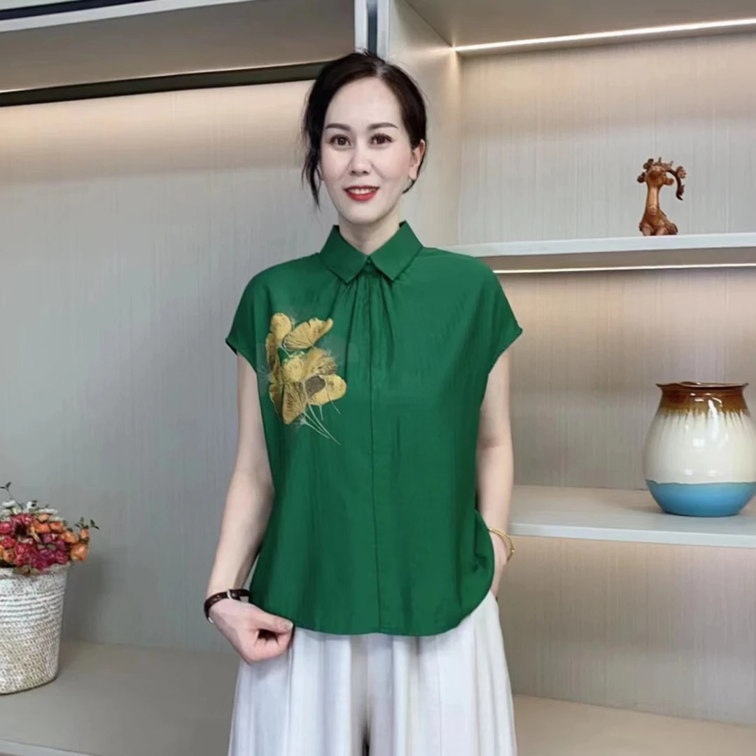 夏季时尚百搭显瘦印花中式国风宽松气质洋气休闲短袖t恤衬衫