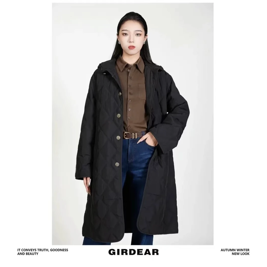 GIRDEAR/哥弟1400647冬季休闲时尚百搭长款绗缝菱格连帽棉服外套