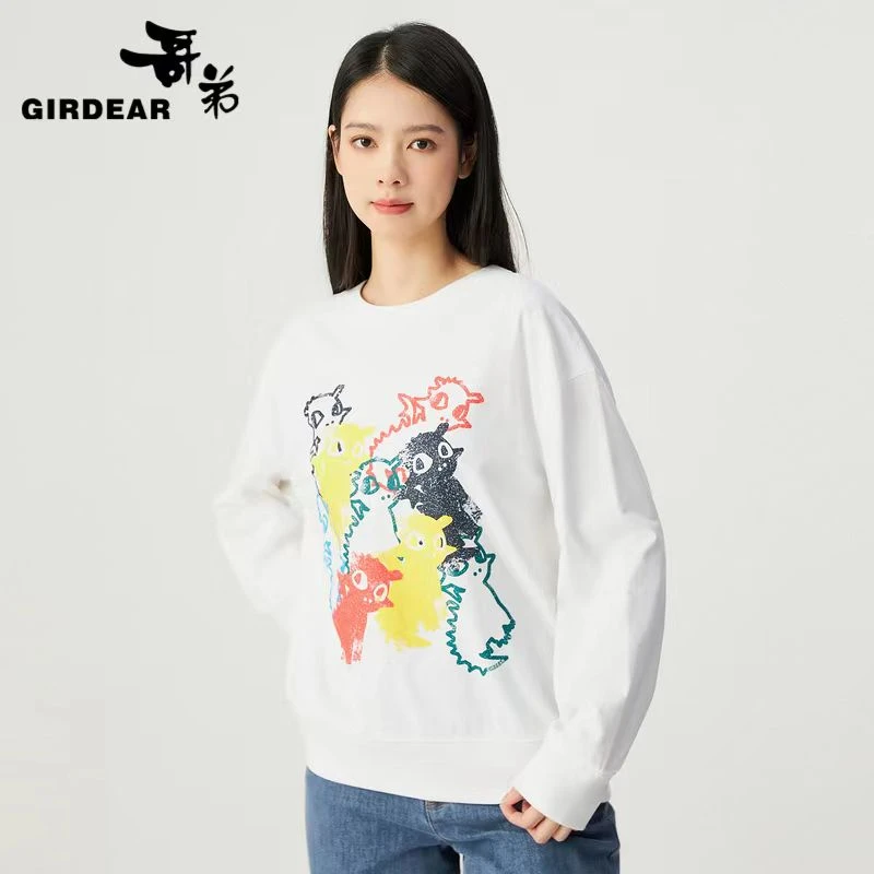 GIRDEAR/哥弟1300804 魔法龙系列圆领绒面发泡印花套头长袖卫衣